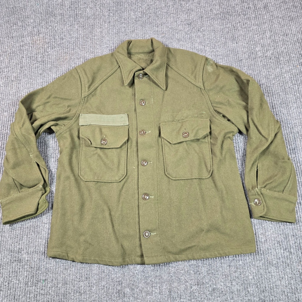 Vintage Military Jacket Mens Medium Green Wool Army Field Shirt Pockets